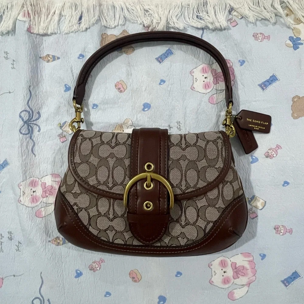 Coach Brown Logo Canvas and Leather Shoulder Bag with Gold Hardware